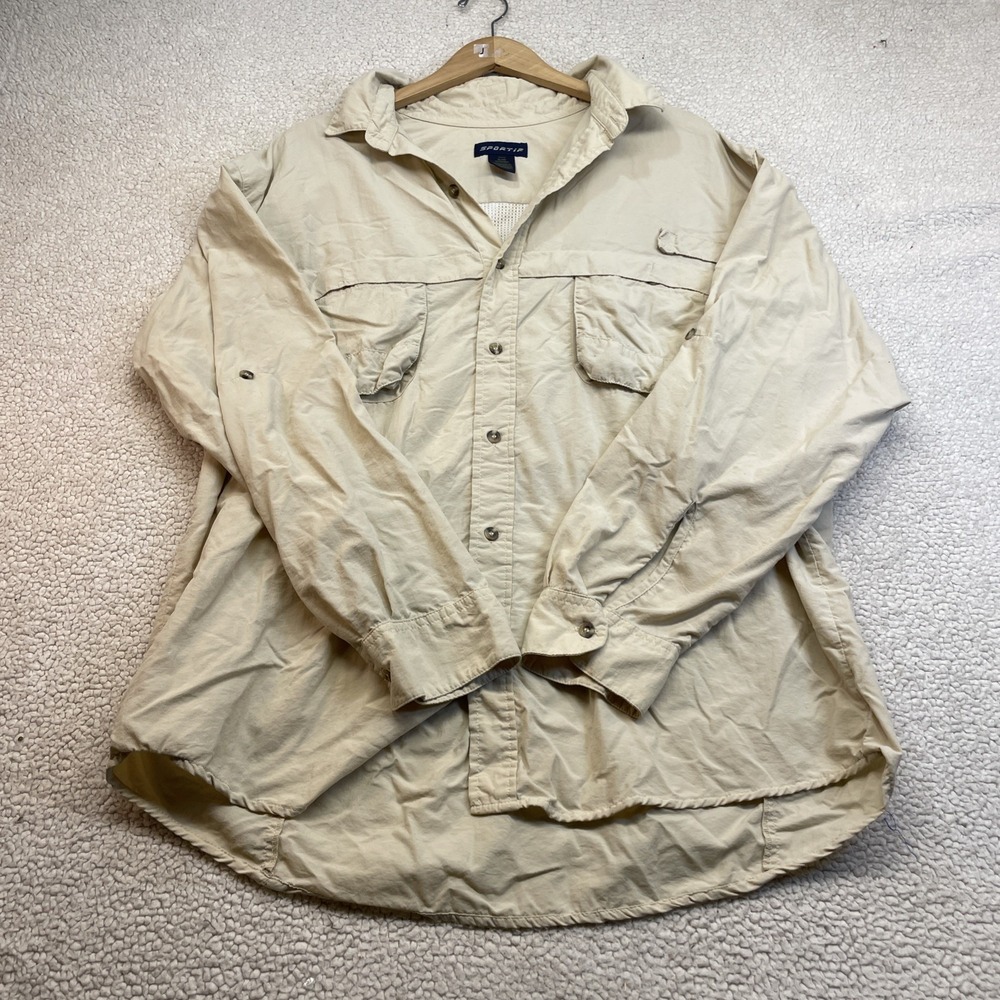 Sportif Fishing Shirt Mens XL Tan Long Sleeve Nylon Ventilated Utility Outdoor - Picture 2 of 10